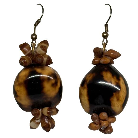 Tiger Eye Kukui Nut & Seashell Earrings Brown Beige Dangle Pierced Boho Natural - Picture 1 of 5